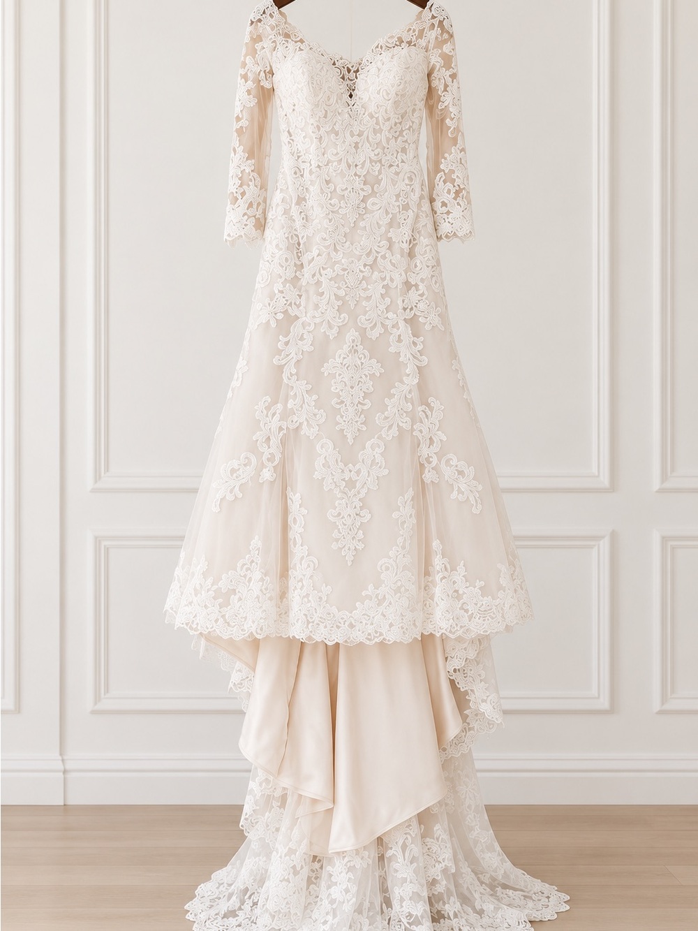 Elegant Lace A-Line Wedding Dress in Ivory-Cream with Three-Quarter Sleeves